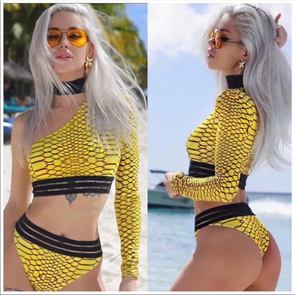 Yellow Snake Print 3 Piece Bikini